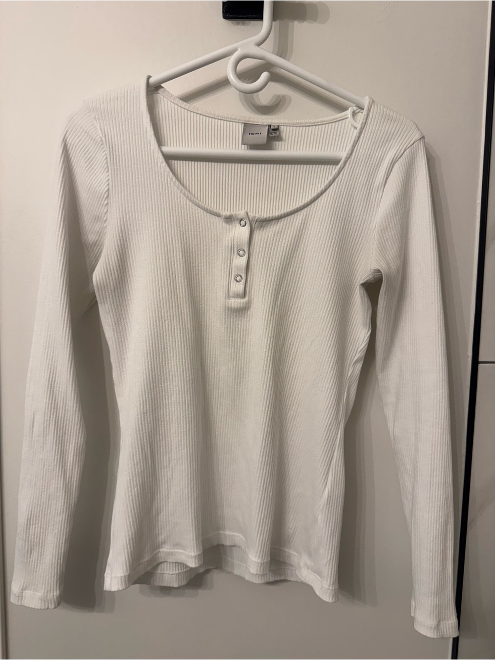 ICHI White Ribbed Henley Long-Sleeve Tee